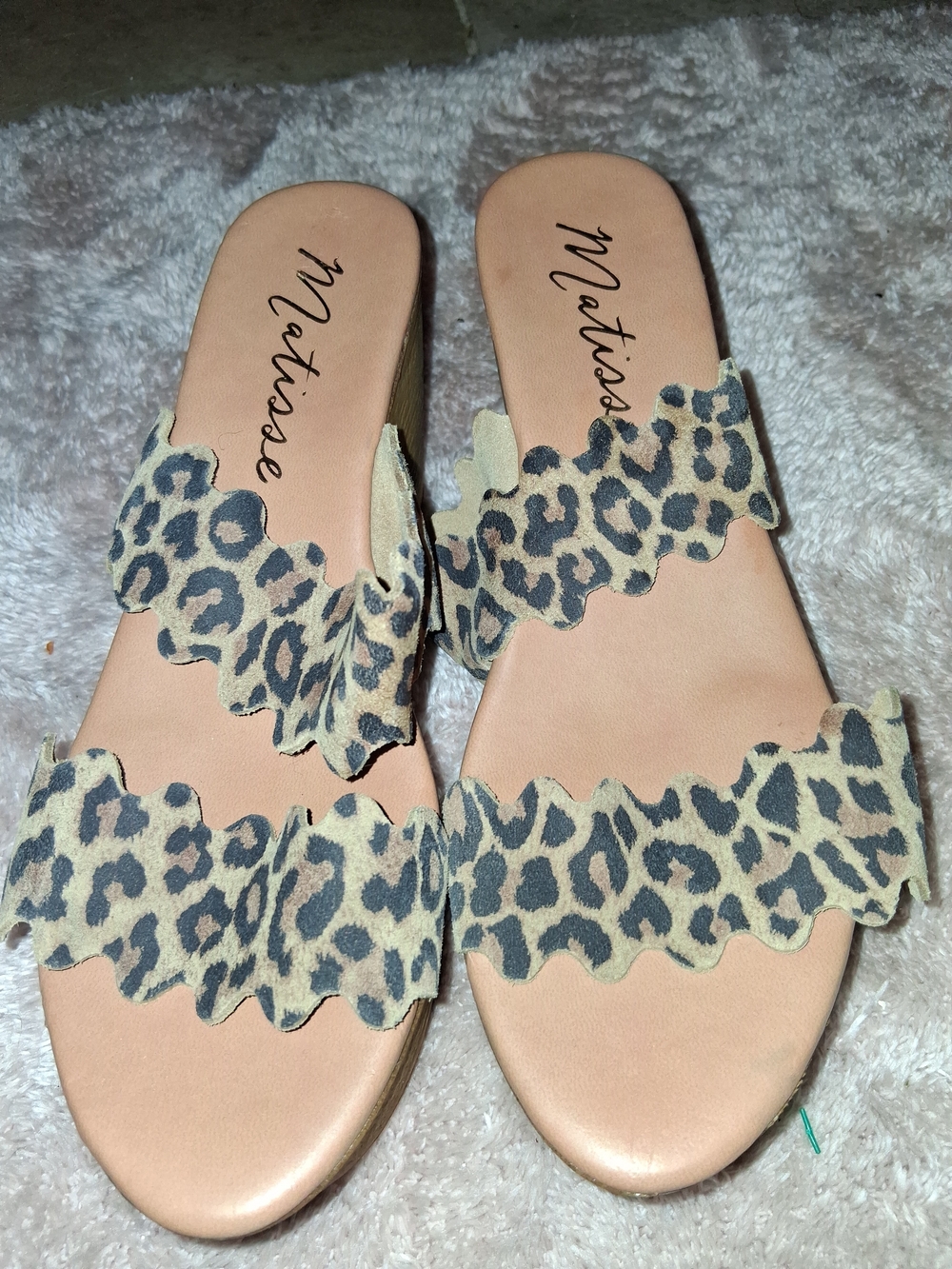 Matisse Leopard Scalloped Slide Sandals in Beige and Black